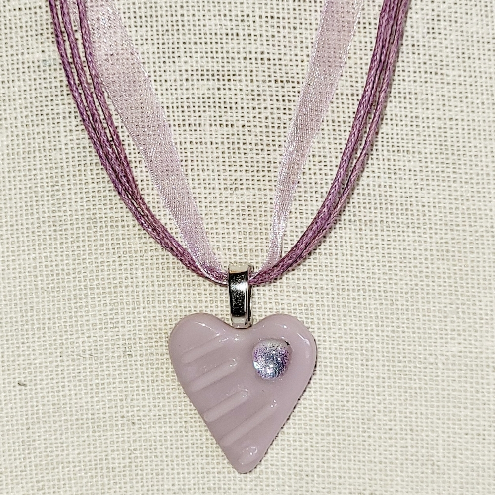 Heart Lavender Fused Glass 🩶 Pendant on Ribbon/String Cord, Handcrafted, New